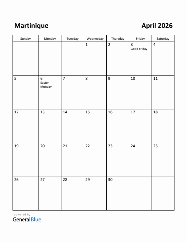 April 2026 Calendar with Martinique Holidays