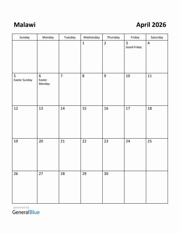 April 2026 Calendar with Malawi Holidays