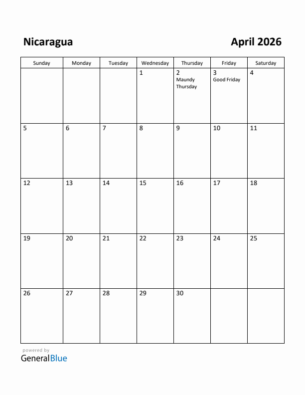 April 2026 Calendar with Nicaragua Holidays