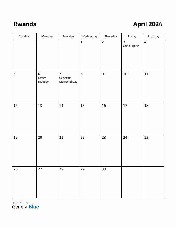 April 2026 Calendar with Rwanda Holidays