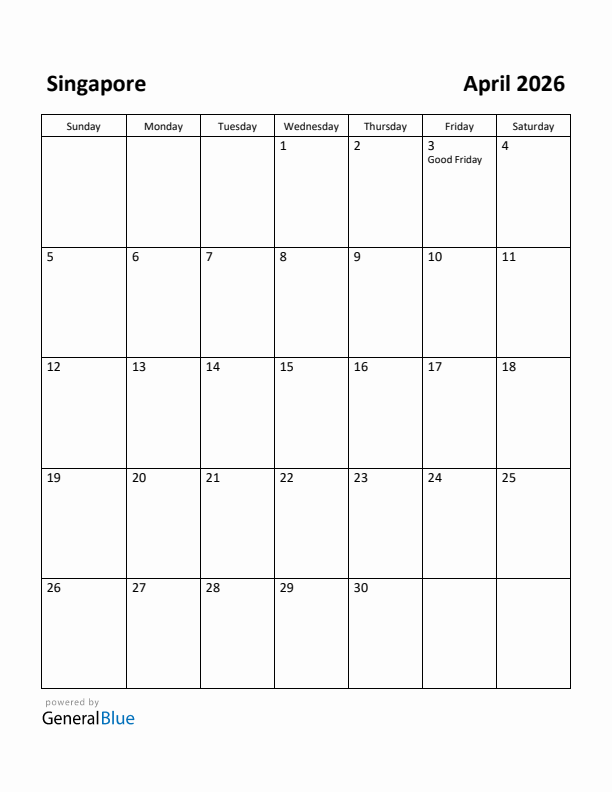 April 2026 Calendar with Singapore Holidays