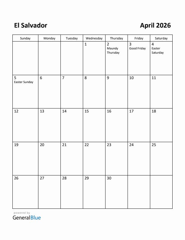 April 2026 Calendar with El Salvador Holidays