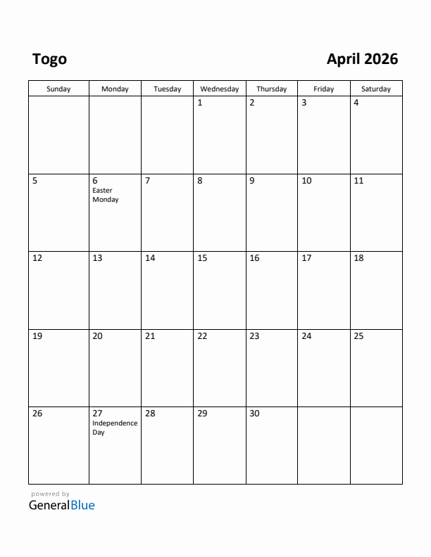 April 2026 Calendar with Togo Holidays