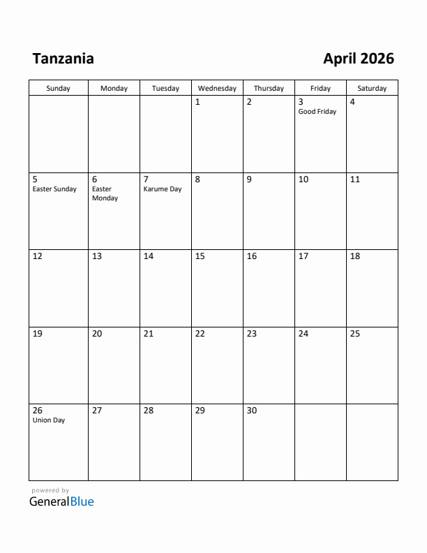April 2026 Calendar with Tanzania Holidays