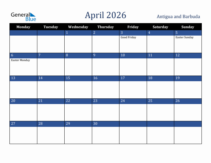 April 2026 Antigua and Barbuda Calendar (Monday Start)