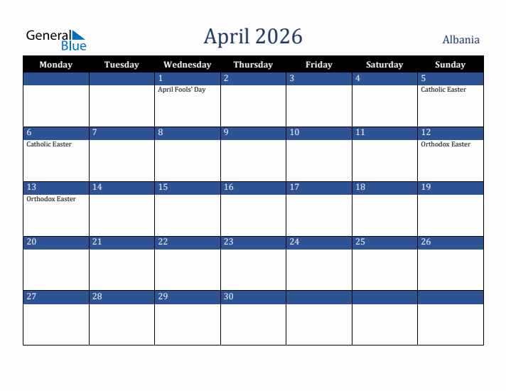 April 2026 Albania Calendar (Monday Start)