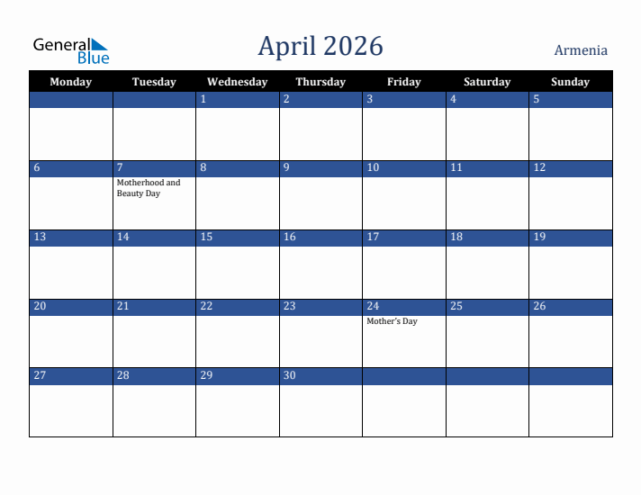April 2026 Armenia Calendar (Monday Start)
