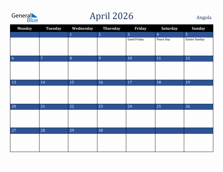 April 2026 Angola Calendar (Monday Start)