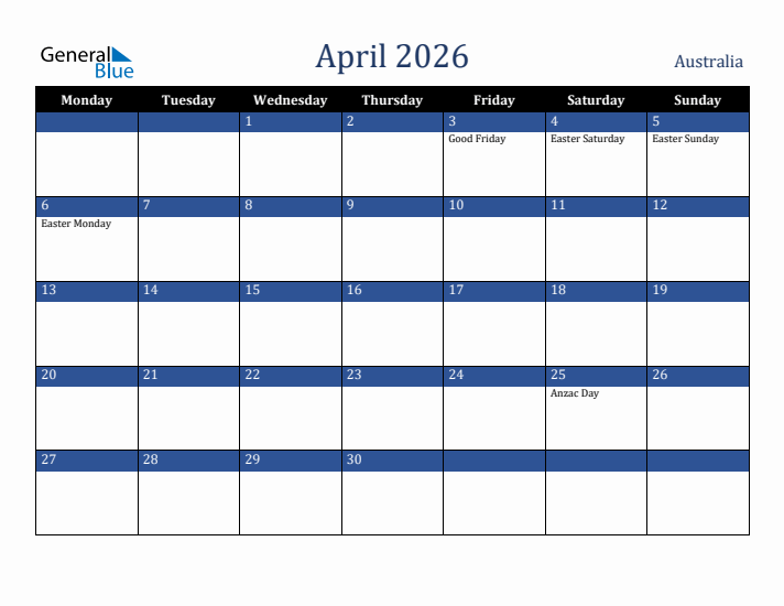 April 2026 Australia Calendar (Monday Start)