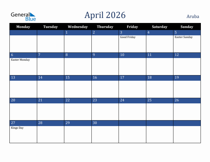 April 2026 Aruba Calendar (Monday Start)