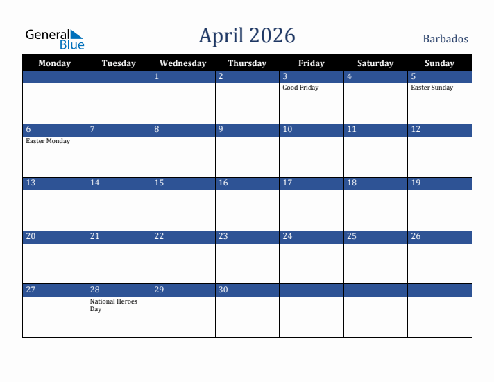 April 2026 Barbados Calendar (Monday Start)