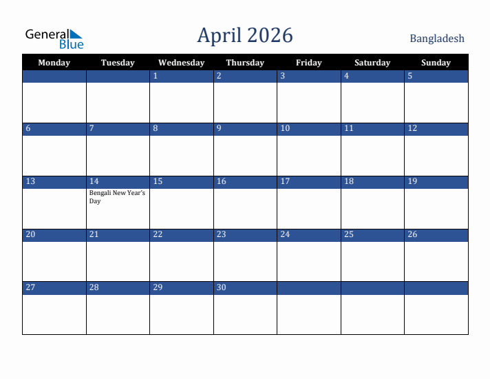 April 2026 Bangladesh Calendar (Monday Start)