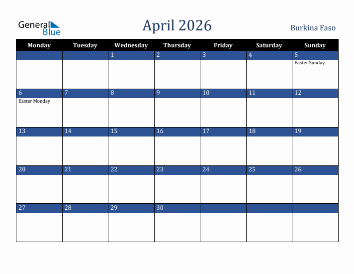 April 2026 Burkina Faso Calendar (Monday Start)