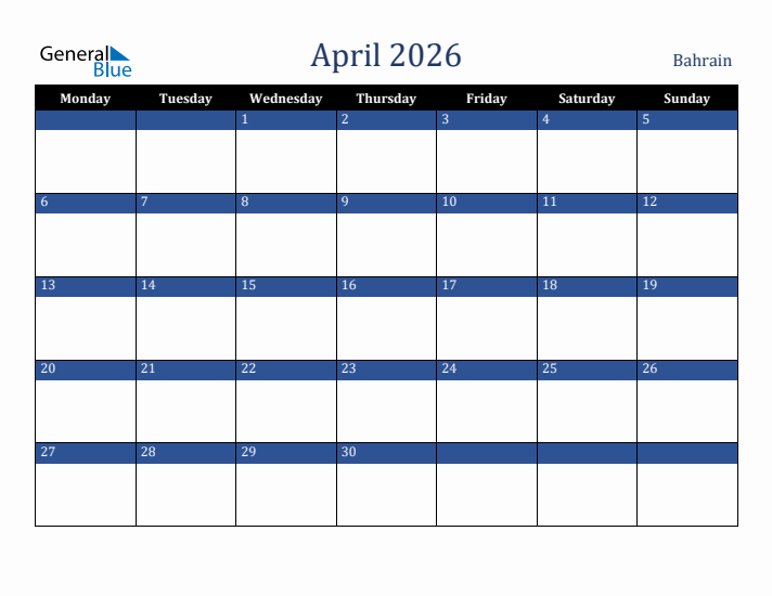 April 2026 Bahrain Calendar (Monday Start)