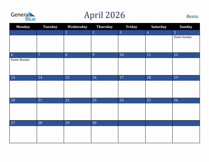 April 2026 Benin Calendar (Monday Start)