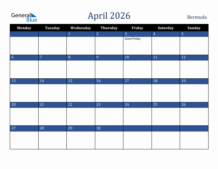 April 2026 Bermuda Calendar (Monday Start)