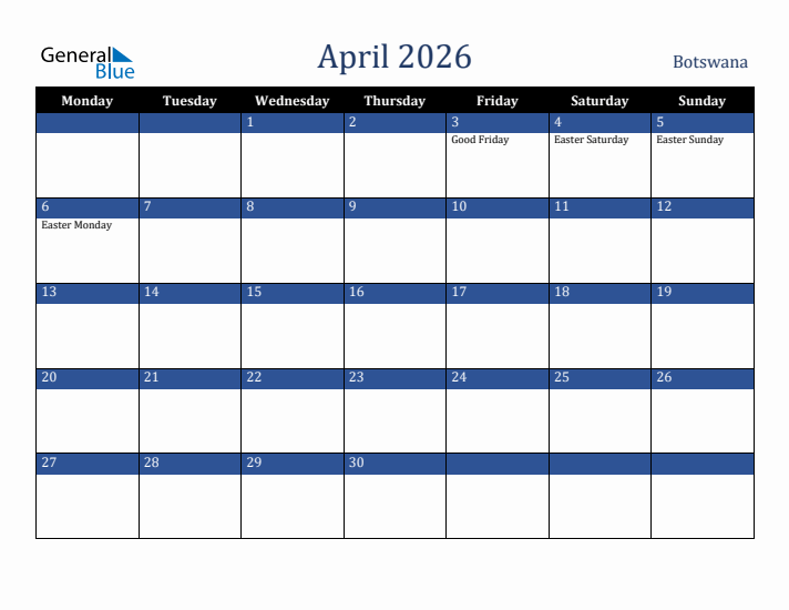 April 2026 Botswana Calendar (Monday Start)