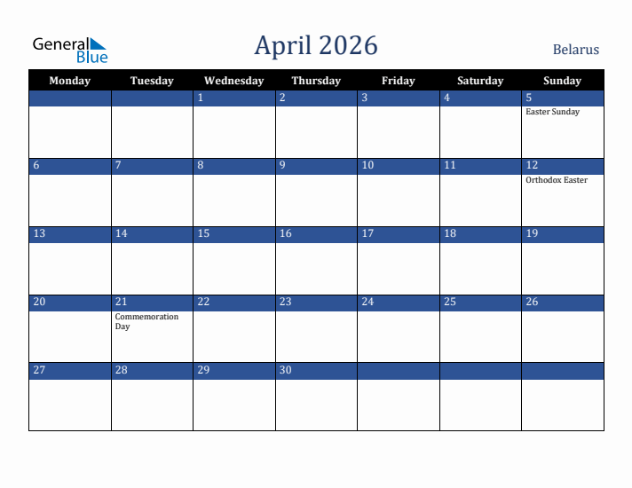 April 2026 Belarus Calendar (Monday Start)