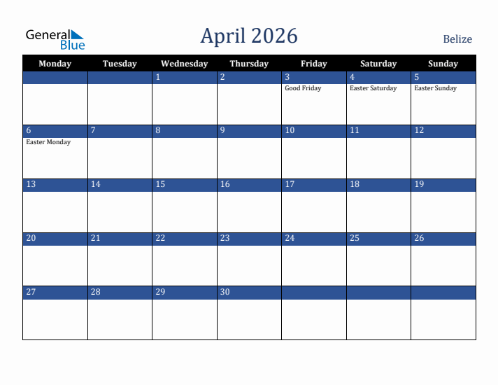 April 2026 Belize Calendar (Monday Start)