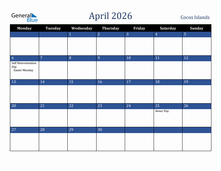 April 2026 Cocos Islands Calendar (Monday Start)