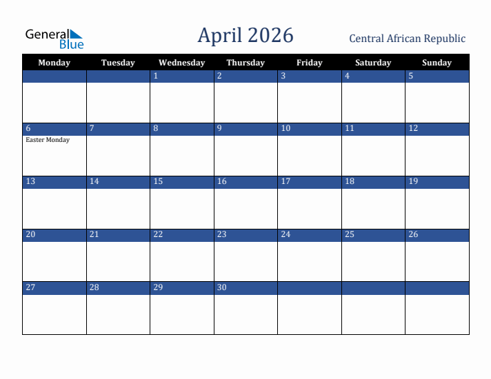April 2026 Central African Republic Calendar (Monday Start)