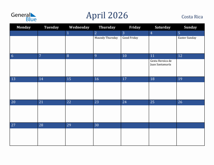 April 2026 Costa Rica Calendar (Monday Start)