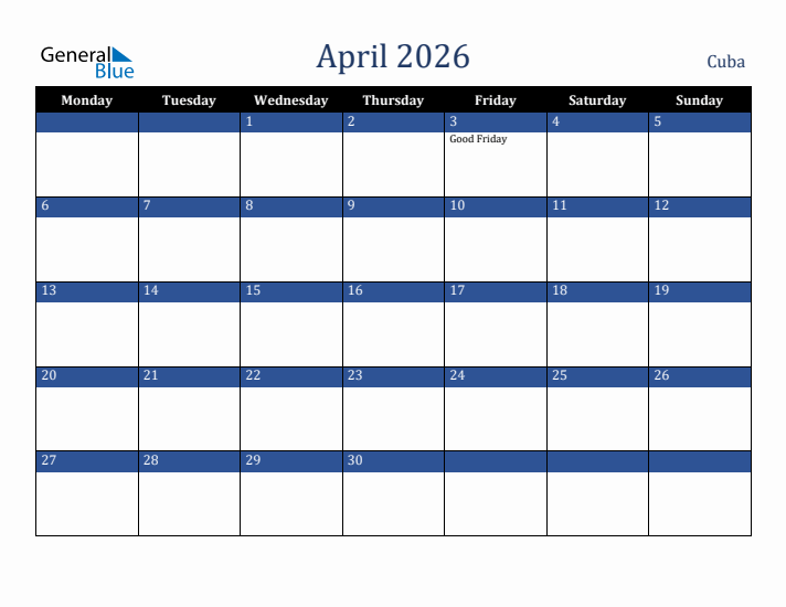 April 2026 Cuba Calendar (Monday Start)