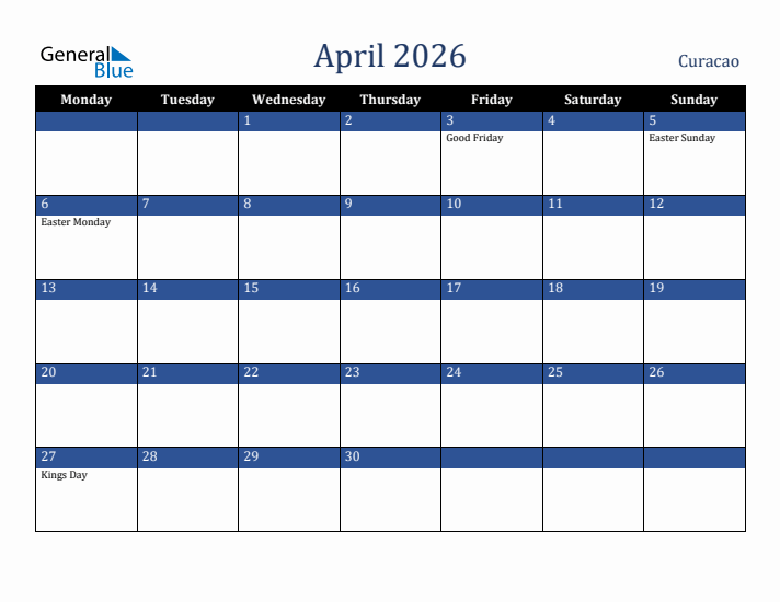 April 2026 Curacao Calendar (Monday Start)