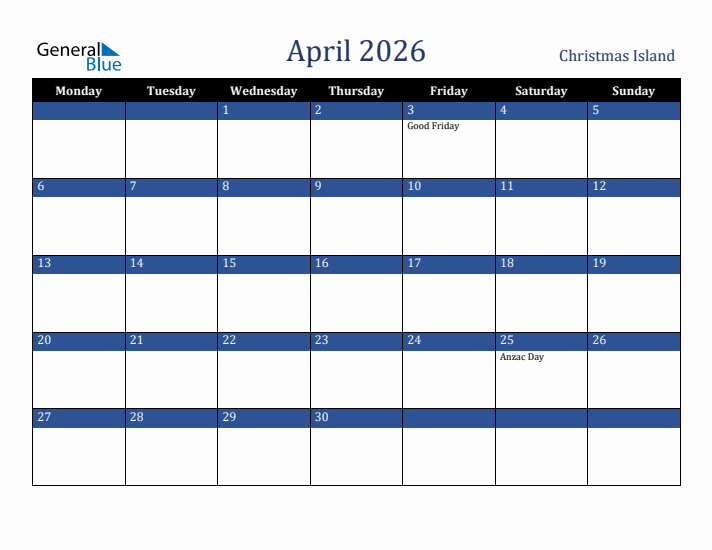 April 2026 Christmas Island Calendar (Monday Start)
