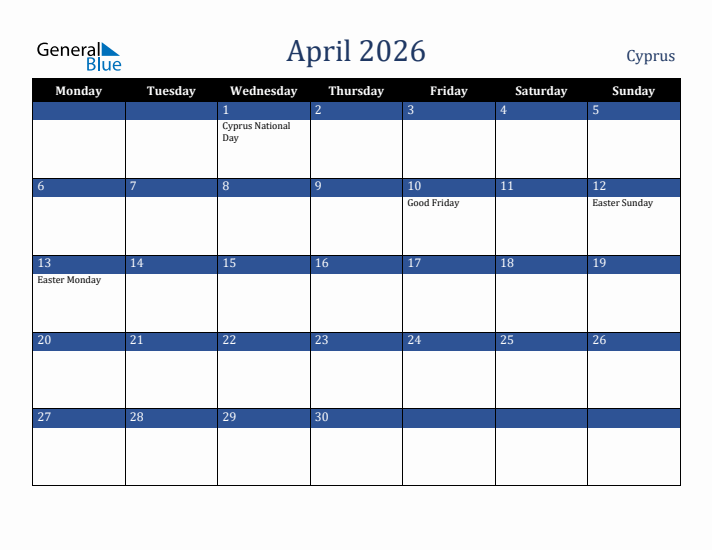 April 2026 Cyprus Calendar (Monday Start)