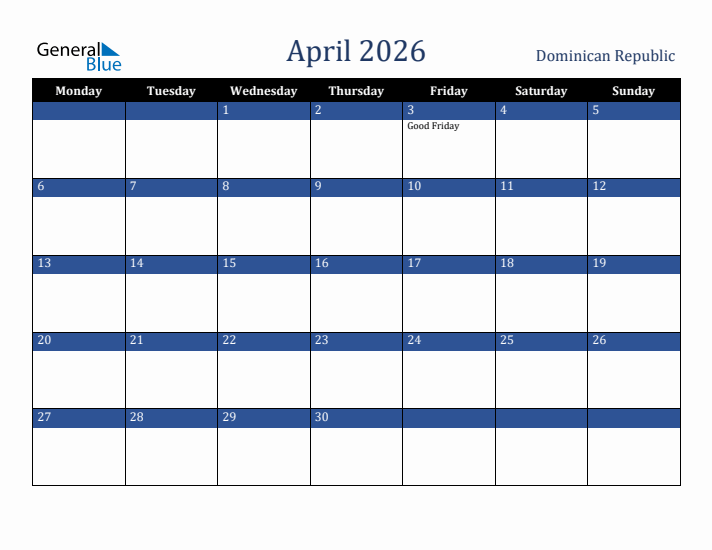 April 2026 Dominican Republic Calendar (Monday Start)