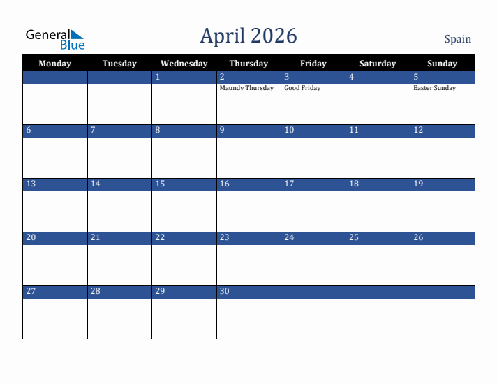 April 2026 Spain Calendar (Monday Start)