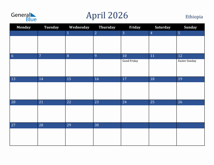 April 2026 Ethiopia Calendar (Monday Start)