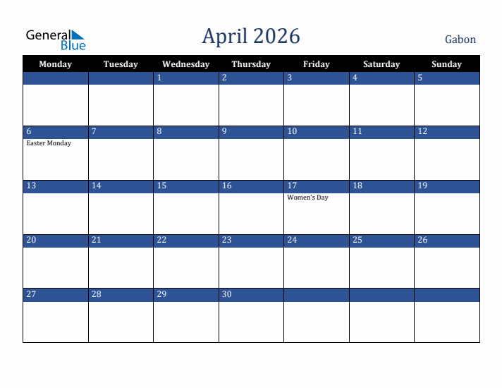 April 2026 Gabon Calendar (Monday Start)