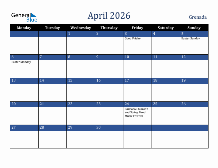 April 2026 Grenada Calendar (Monday Start)