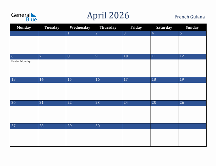 April 2026 French Guiana Calendar (Monday Start)
