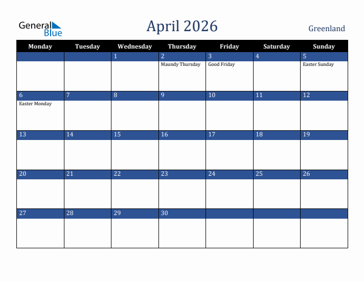 April 2026 Greenland Calendar (Monday Start)