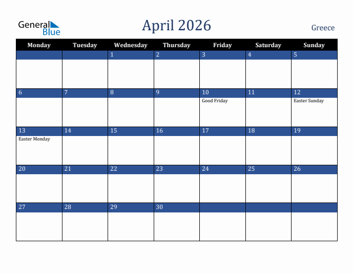 April 2026 Greece Calendar (Monday Start)
