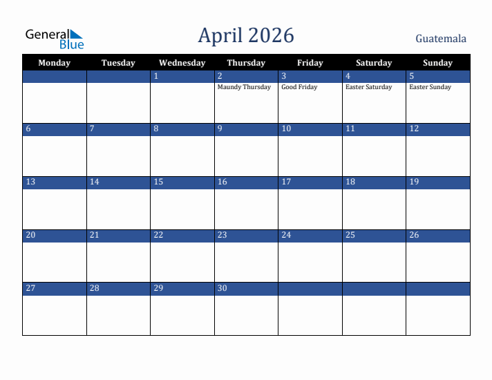 April 2026 Guatemala Calendar (Monday Start)