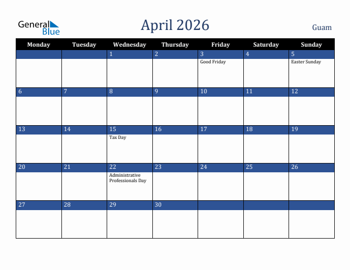 April 2026 Guam Calendar (Monday Start)