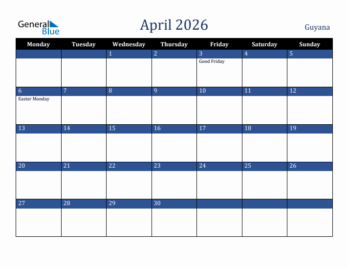 April 2026 Guyana Calendar (Monday Start)