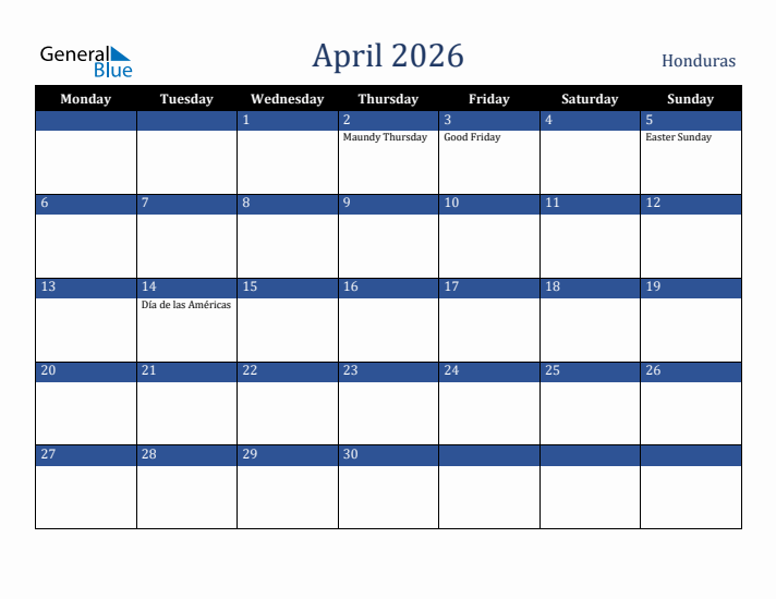 April 2026 Honduras Calendar (Monday Start)