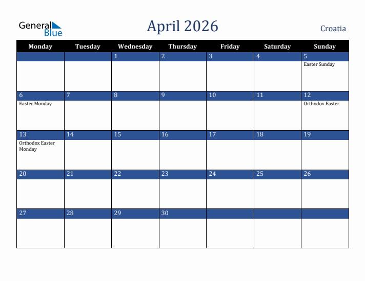 April 2026 Croatia Calendar (Monday Start)