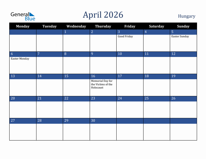 April 2026 Hungary Calendar (Monday Start)