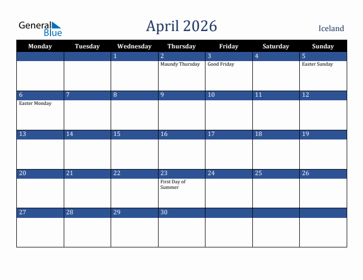 April 2026 Iceland Calendar (Monday Start)