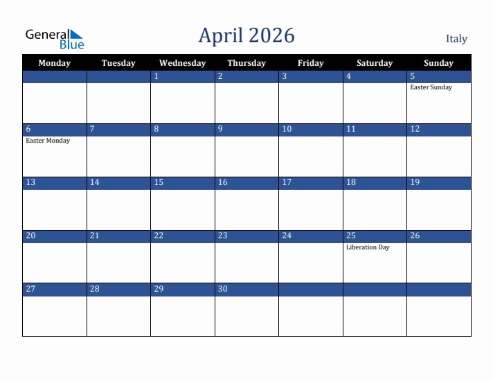 April 2026 Italy Calendar (Monday Start)