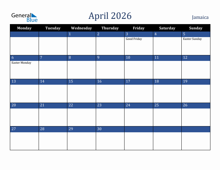 April 2026 Jamaica Calendar (Monday Start)