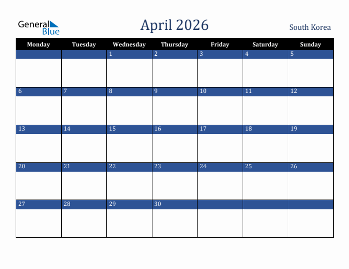 April 2026 South Korea Calendar (Monday Start)