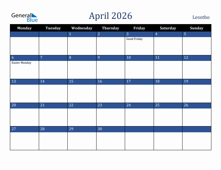 April 2026 Lesotho Calendar (Monday Start)