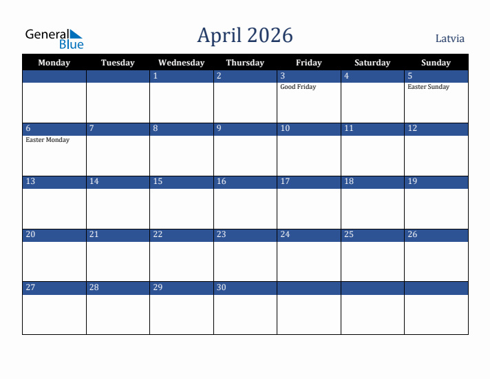April 2026 Latvia Calendar (Monday Start)